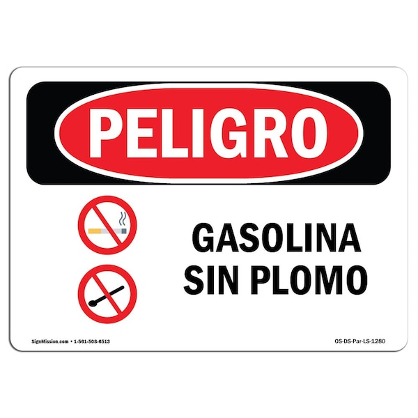 OSHA, Unleaded Gasoline Spanish, 18in X 12in Rigid Plastic, 18" W, 12" H, Unleaded Gasoline Spanish